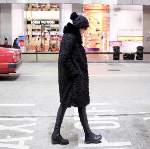 Moutons Hiver 2018 Garder Cercle Veste Outwear De Fourrure Poilu Noir Vintage Manteau O Cou Au Chaud Shaggy Faux Longue Bouclés Long Nouveau Corée Vêtements xwxq0Z7n6