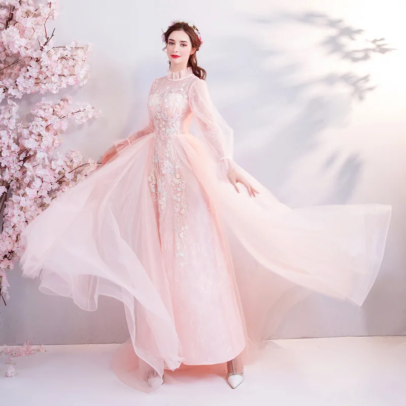 Новинка года; милое розовое кружевное платье принцессы с длинными рукавами для молодых мам; свадебное платье для банкета