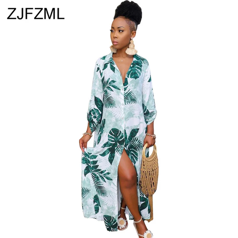 

Leaves Print Summer T Shirt Long Dress Women Turn Down Collar Long Sleeve Beach Dress Casual Buttons Up Front Split Loose Dress