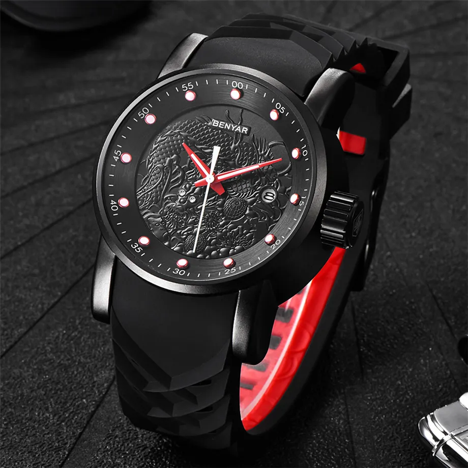 BENYAR Men Wristwatches 3D Chinese Dragon Carving Dial and Band Date Display Waterproof 30m Business Quartz Watch heren horloge (4)