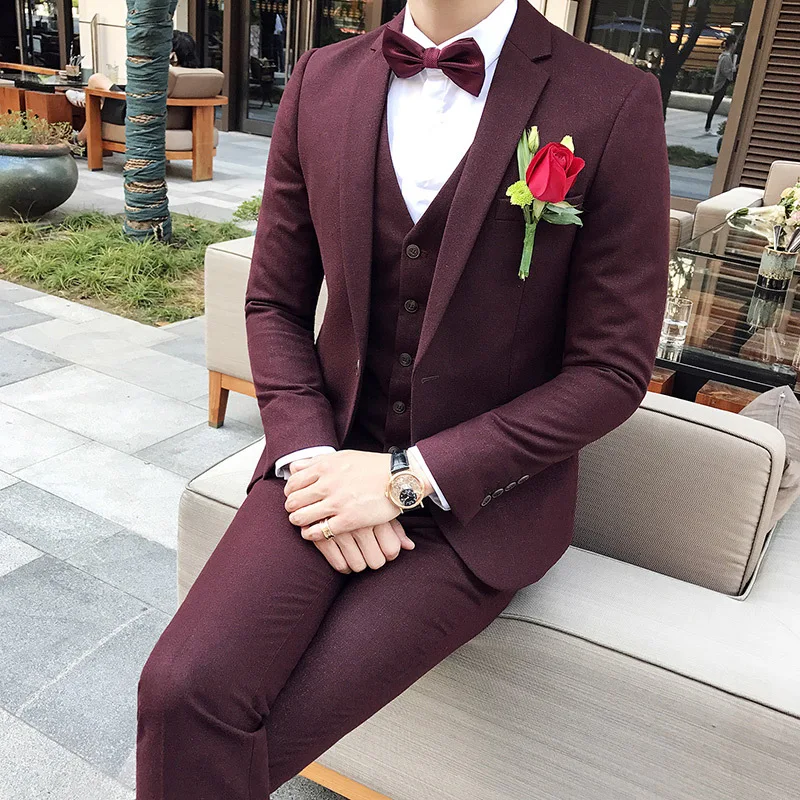 Мужской приталенный однотонный костюм Homme Mariage, 3 предмета, мужской свадебный костюм жениха, пиджак, брюки, жилет для жениха, мужская одежда