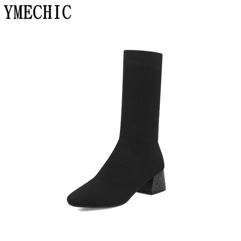 Женские вязаные сапоги до середины икры YMECHIC Осень зима 2018 высокие блестящие на