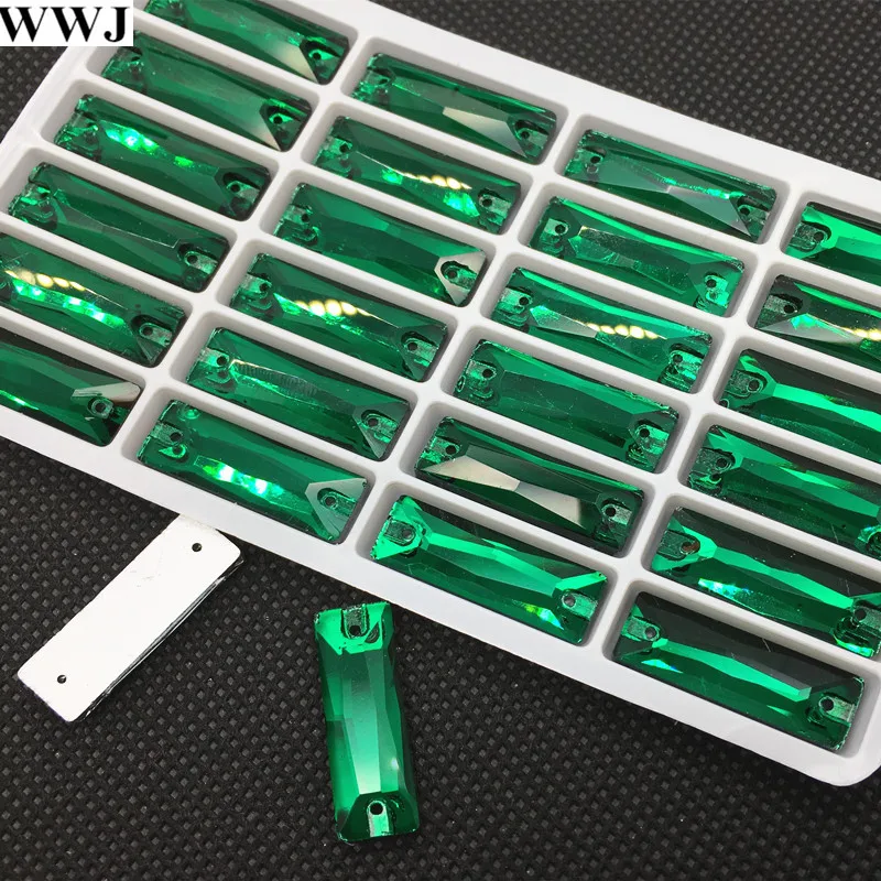 

7x21mm 24pcs Cosmic Baguette Sew On Glass Crystal Stones Green Zircon Color Rectangle Sewing Crystal Long Sewing Beads