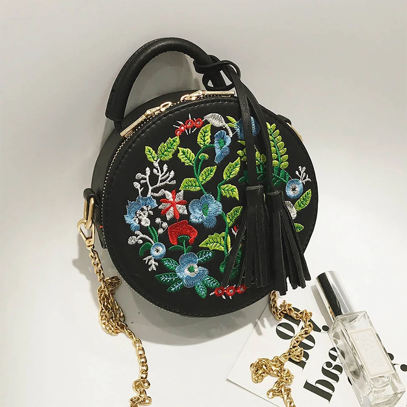 Национальный стиль вечерняя сумка вышивка цветок женская pu кожаная сумка круглый торт маленькая сумка на плечо женская сумка