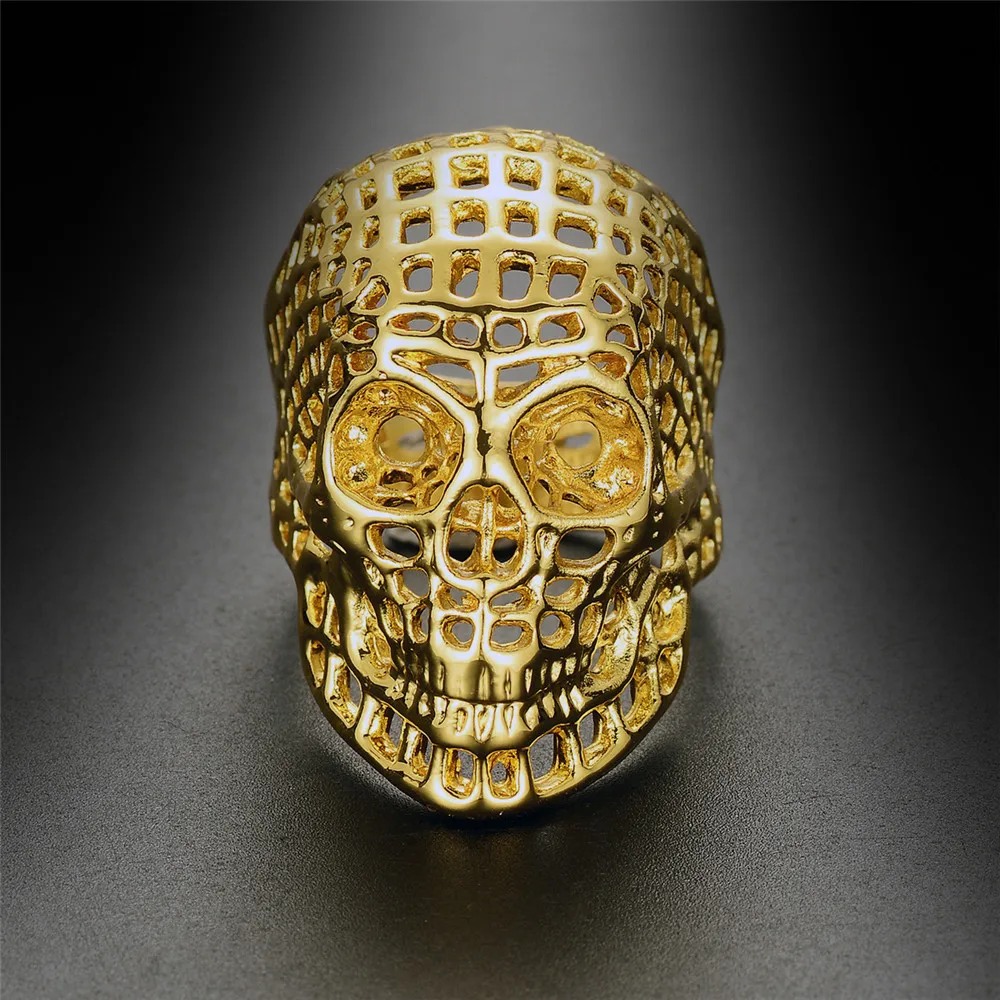 

Europe and the United States Shantou hollow ring punk wind alloy ghost head simulation gold men's rings jewelry