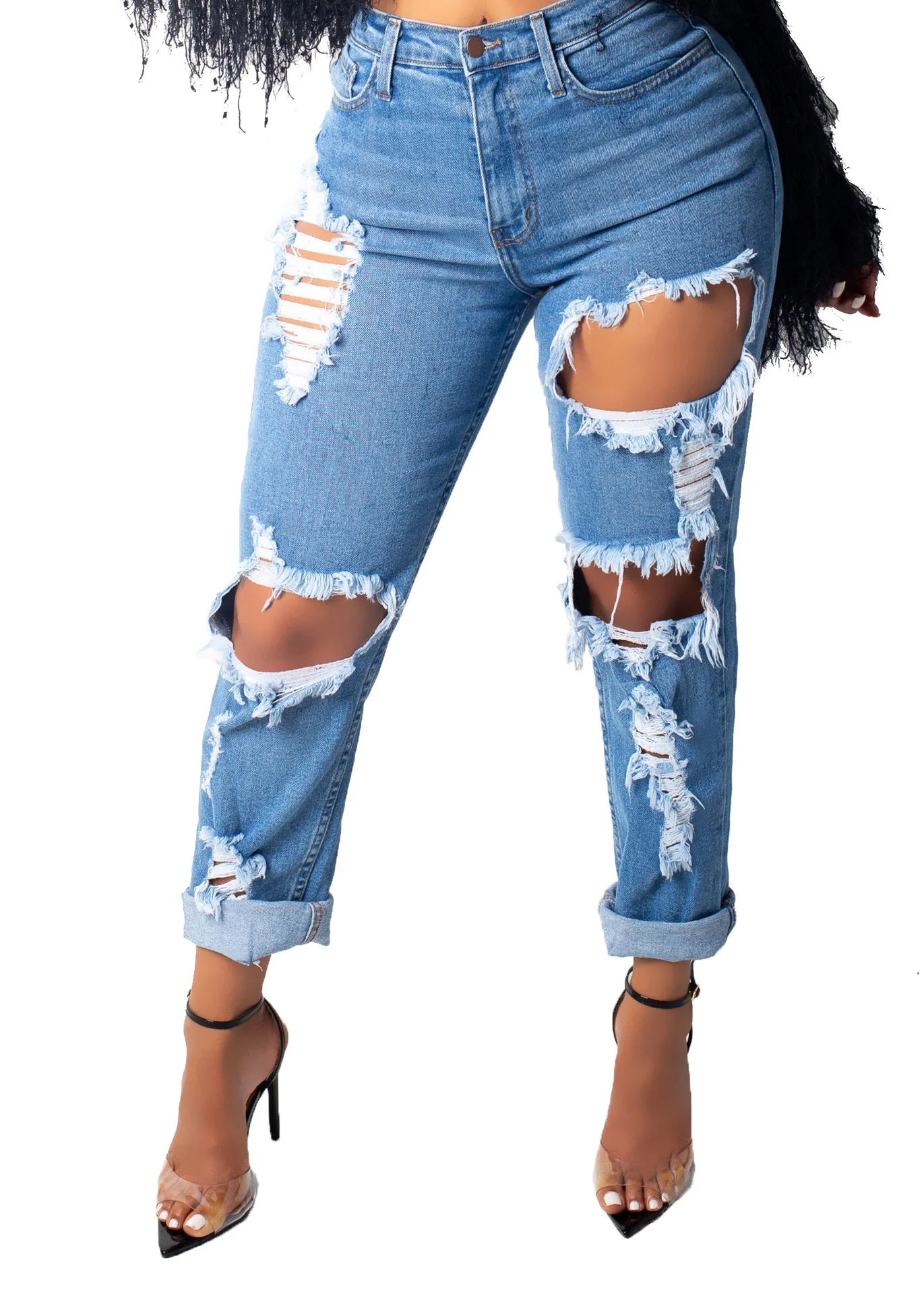 QMGOOD, рваные обтягивающие джинсы, женские, сексуальные, модные, с большими дырками, стрейчевые, женские джинсы, узкие брюки, синие, джинсовые брюки размера плюс, джинсы для мам