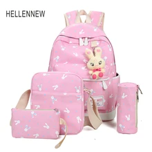 Hellennew 4 Шт./компл. Женщины Рюкзаки Мультфильм Кролик Печати Школы Рюкзак Холст Ранцы для Девочек-Подростков Студенты Bag2115