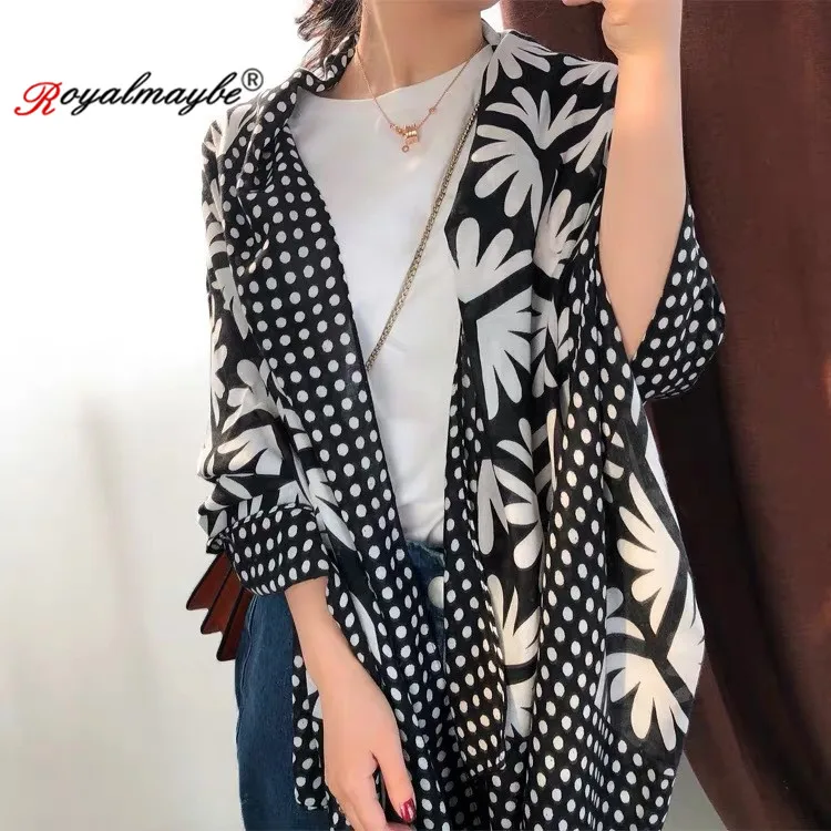 

Royalmaybe scarf women's Cotton spring and autumn European and American style black and white dots and flowers long scarf shawl