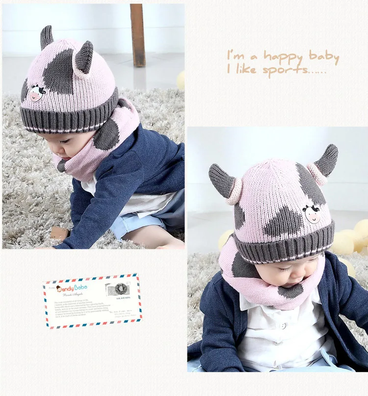 Baby Cattle hat Children thick cow hat with the warm scarf to Keep warm