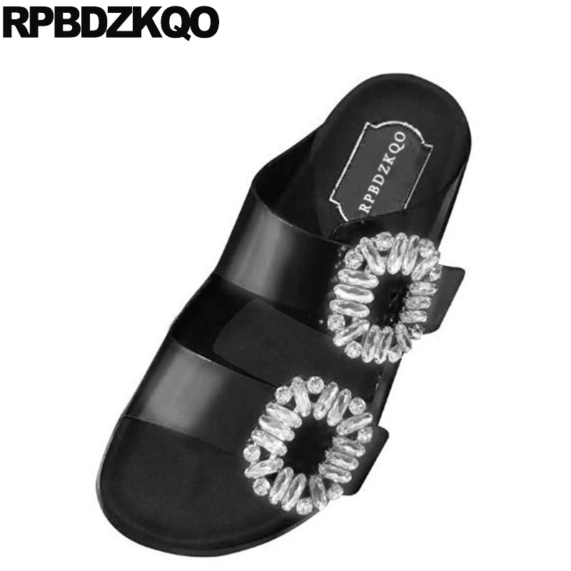 

Slip On Crystal Casual Black Ladies Shoes Wide Fit Jewel Open Toe Diamond Comfortable Women Sandals Flat Summer 2018 Rhinestone