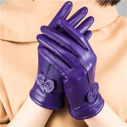 CUHAKCI зимние перчатки женские из натуральной кожи перчатки из овчины Цветочные бант Модные женские черные красные ветрозащитные лыжные перчатки - Цвет: G044 Violet