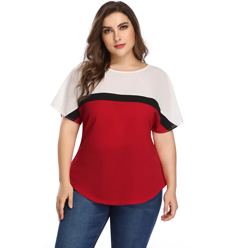 

T Shirt Woman XL-5XL Plus Size Contrast Color Patchwork Summer Casual Short Sleeve O Neck t-shirt T-Shirt Top HY3075