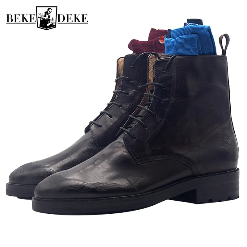 

Pointed Toe Boots Men Handmade Carved Lace Up Cowboy Boots Real Leather Luxury Retro Office Formal Ankle Boots Male Shoes