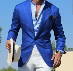 Синий костюм мужской блейзер пляжный Свадебный Мужской костюм с белыми брюками Smart Terno Slim Fit смокинг пальто выпускная куртка костюм Homme Mariage