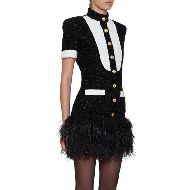 TWOTWINSTYLE Patchwork Feather Hem Dress Women Zipper Turtleneck Short Sleeve Single Breasted Dresses Female 2018 Autumn Fashion TWOTWINSTYLE Patchwork Feather Hem Dress Women Zipper Turtleneck Short Sleeve Single Breasted Dresses Female 2018 Autumn Fashion