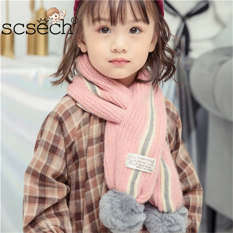 

New Autumn and Winter Korean Style New Pull Striped Wool Ball Children's Scarf Knitted Wool Double Thick Warm Bab GCG12