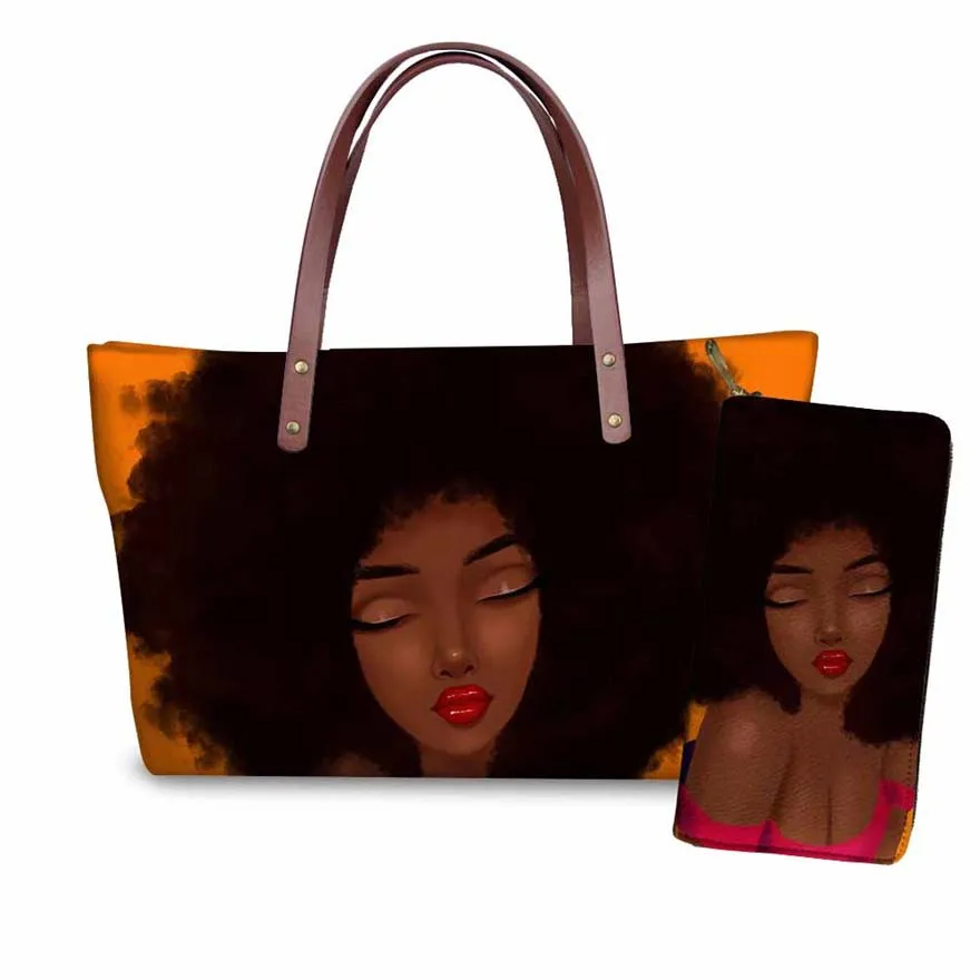 

NOISYDESIGNS Women's Bag for Travel Large Capacity Handbags Ladies 2pcs/set Black Art African Girls Printing Top-Handle Bags