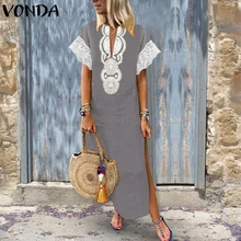 VONDA, женское сексуальное длинное платье макси,, летнее, винтажное, v-образный вырез, короткий рукав, богемное, с разрезом, кружевное, пэтчворк, вечерние платья размера плюс