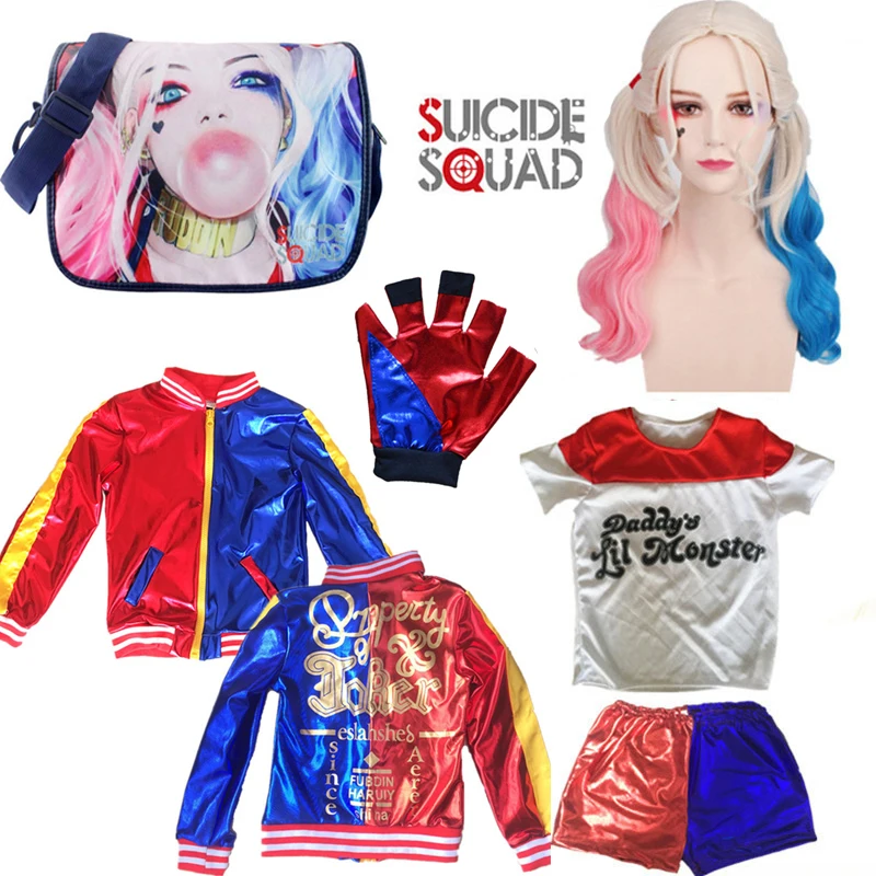 

Girls Kids Movie Suicide Squad Team Harley Quinn Cosplay Costume with Bag Halloween Purim Jacket sets Christmas Children Gifts