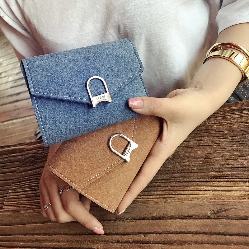 

2017 latest lady leather wallet matte buckle short luxury cash purse girl little black clutch coin purse holder