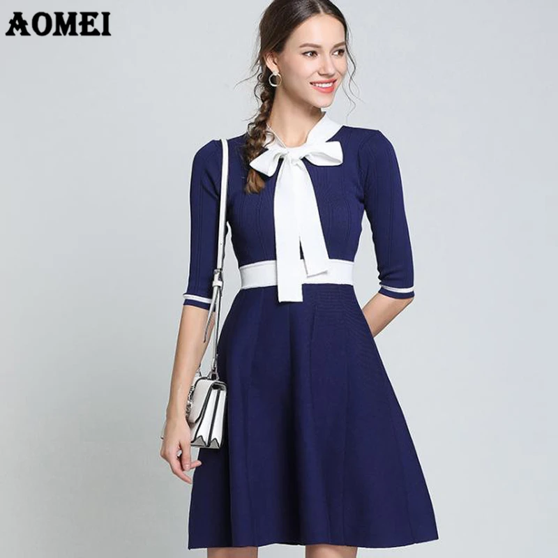 

Women Mini Dress Knitting Clothing Elegant Navy Blue Stretched Fall Fashion Preppy Girls Cute Knitted Pullover Femme Robe Jumper