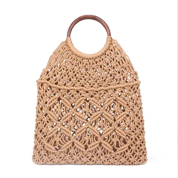 

Popula Cotton Rope Hollow Straw Bag Sheer Macrame Tote wooden ring rattan handle Net Bag Vintage Retro Chic handbag