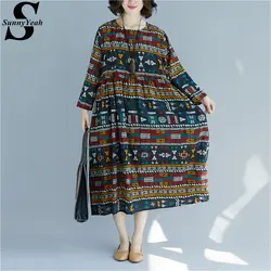 SunnyYeah женское винтажное платье плюс размер Vestidos Осень принт с длинным рукавом платье женское белье свободные женские платья 2019 одежда