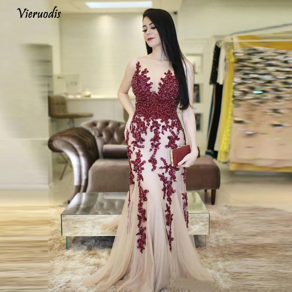 

Saudi Arabic Pearls Lace Appliques Mermaid Evening Dresses 2019 Backless Champagne Long Evening Gowns Button Robe De Soiree 1