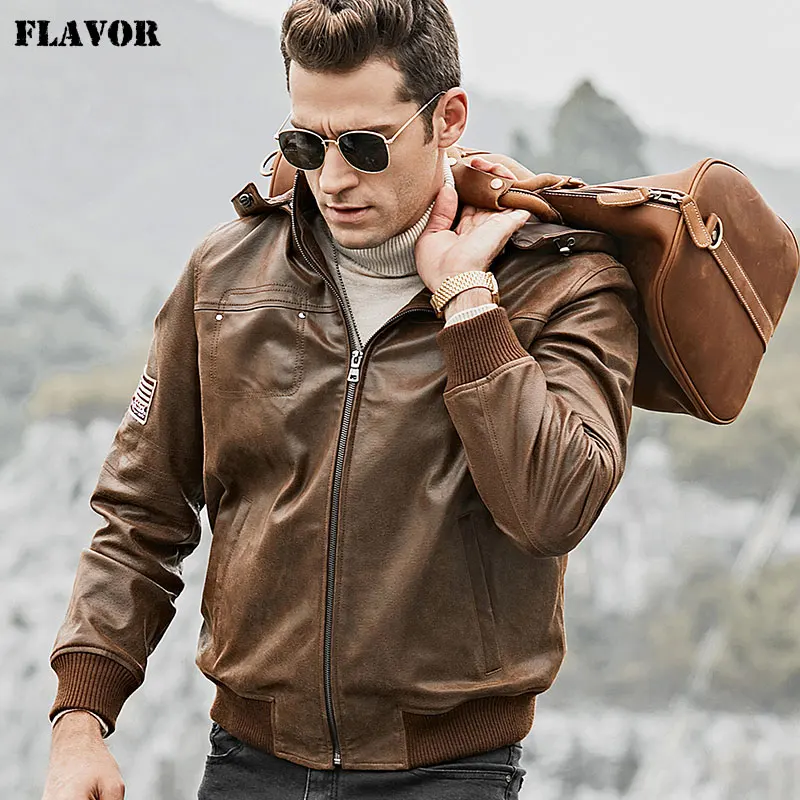 Kожаная куртка мужская пальто из свиной шкуры FLAVOR, мотоциклетная куртка из натуральной кожи с отстегивющимся капюшоном