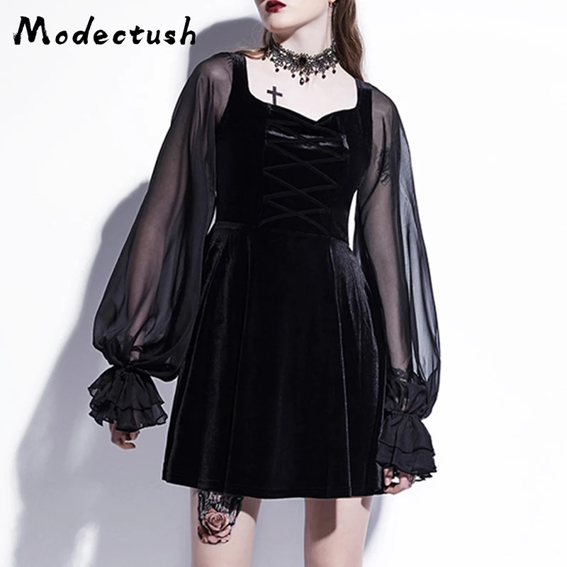 

Modecrush Black Femmes Harajuku Gothic Gothique Mini Dress 2019 Summer Gothic Women Bodycon Lace Mesh Dresses High Street