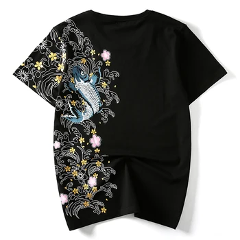 

2019 Summer Harajuku Embroidery koi fish Short Sleeve Unisex Women Femme Loose T Shirt Casual Men T-Shirt Tops Tees