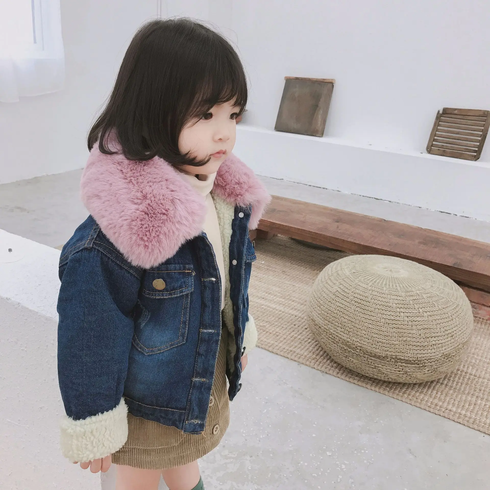 

0-6 Y Kids Winter Coat Thick Warm Denim Jacket Down Parkas Fur Collar Toddler Girls Snowsuit Fleece Overcoat Children Clothing