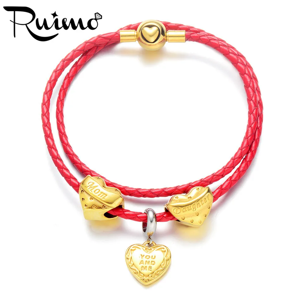 

RUIMO Plating Gold Charm Red Leather Rope Chain Women Bracelet Double Layer Gold Heart Beads Bracelets Mom Daughter Love Gifts