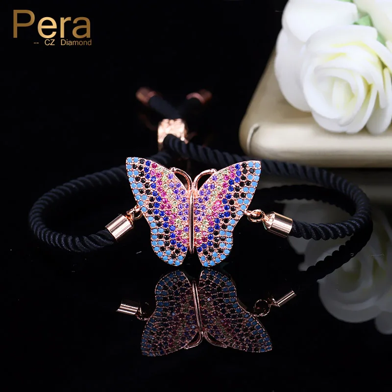 

Pera Handmade Link Chain Bangle Women Daily Party Jewelry Multi Colored CZ Crystal Butterfly Shape Adjustable Size Bracelet B128