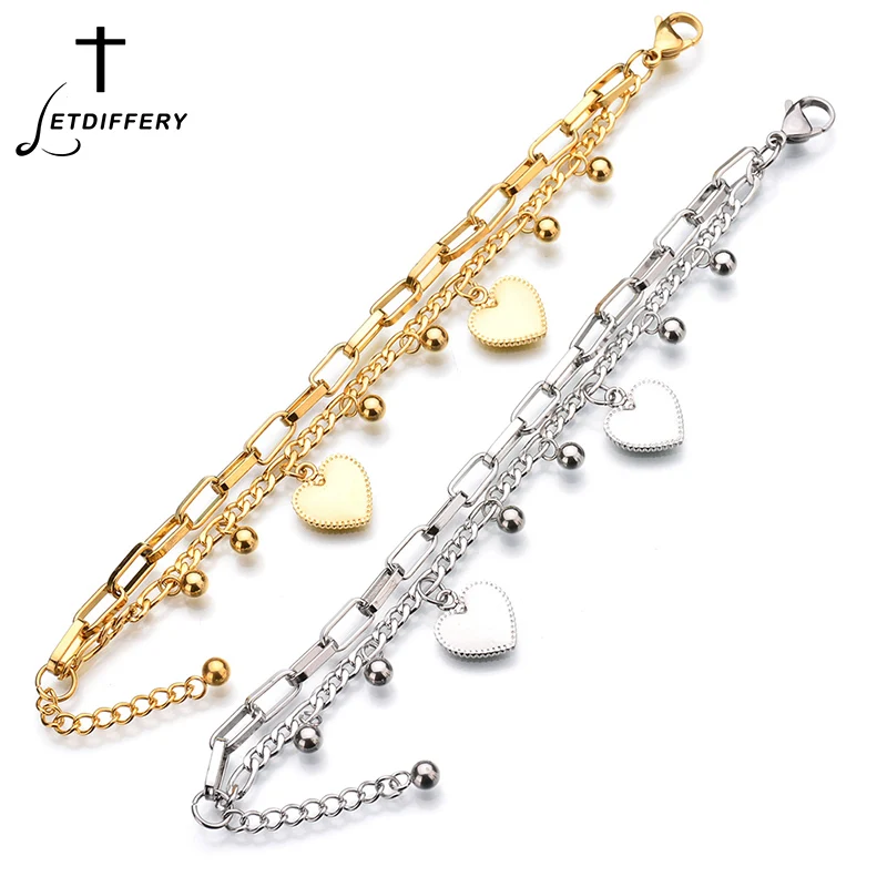 

Letdiffery Trendy Two Love Heart Bracelet Stainless Steel Beads Gold Sliver Color Chain Bangle For Girlfriend