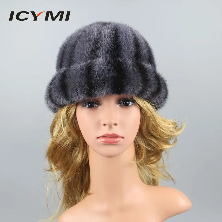 ICYMI 100 Real Mink Fur Hats for Women Thick Warm Lining Patchwork