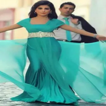

Turquoise Arabic Evening Dress Square Neck Beaded Sash Flowy Boho Chiffon Prom Dresses Fitted Women Formal Mermaid Evening Gowns