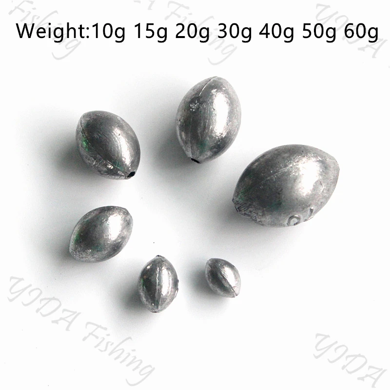 

Free Shipping Lead Sinker/Weight Fishing Tackle Accessories olive Shaped in Line Fishing Sinkers 4g 10g 15g 20g 30g 40g 50g 60g