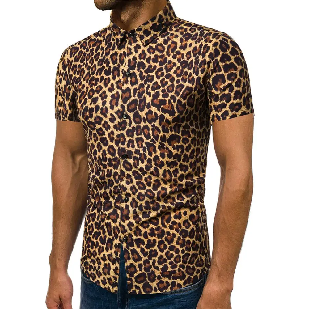 

New arrivals 2019 summer fashion leopard men shirt nightclub casual slim fit short sleeve blouse male vintage shirts camisa