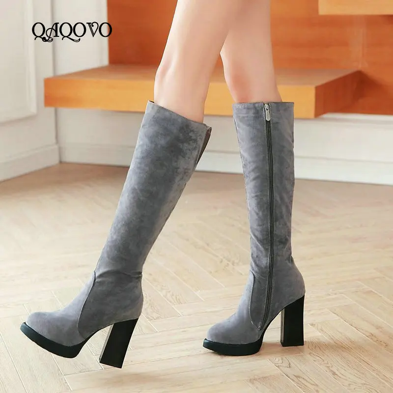 

Women Shoes Platform Boots Square High Heel Knee High Boots Round Toe Zipper Boots Autumn Winter Ladies Boots Black Yellow Gray