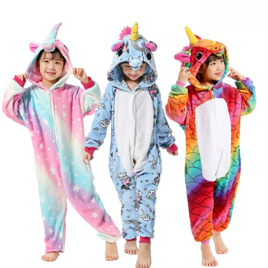 

Boys Girls Flannel Animal Pegasus Unicorn Cosplay Pijamas Onesies Winter Kids Pajamas Stitch Hooded Children Sleepwear 4-12 Year