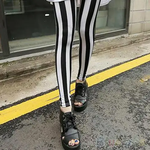 Hot Fashion Black White Vertical Striped Leggings Pants Women 8MTG -  AliExpress