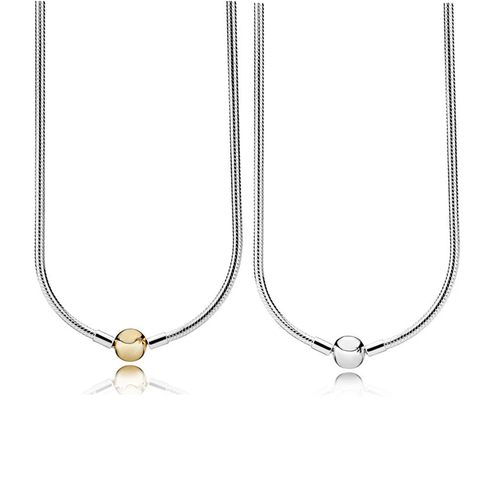

New 2018 100% 925 Sterling Silver Moments Silver Necklace With 14ct Gold Round Clasp Glamour Women's Original Fashion Jewelry