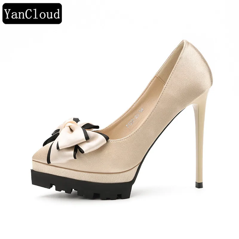 

Fashion Autumn Bow Platform Shoes Women Pumps 2018 Elegant High Heels Shoes Ladies Office Party Wedding Shoes Gold Red