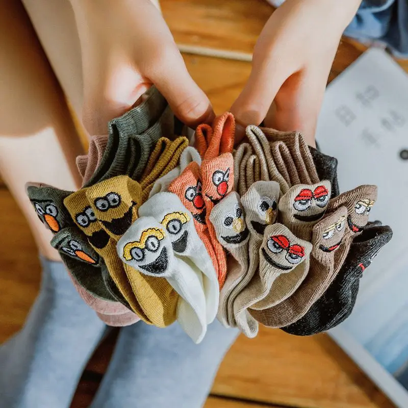 

Kawaii Embroidered Expression Women Socks Happy Fashion Ankle Funny Socks Women Cotton Summer 1 Pair Candy Color