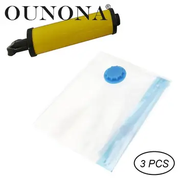 

OUNONA 3pcs Vacuum Storage Bags with Manual Air Pump Reusable Space Saver Packing Sacks Rolling Compression for Clothes Beddings