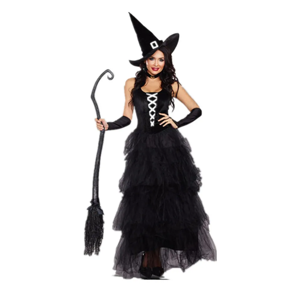 

Black Gothic Witch Costume For Adult Women Purim Halloween Cosplay Party Wizards Fancy Dress