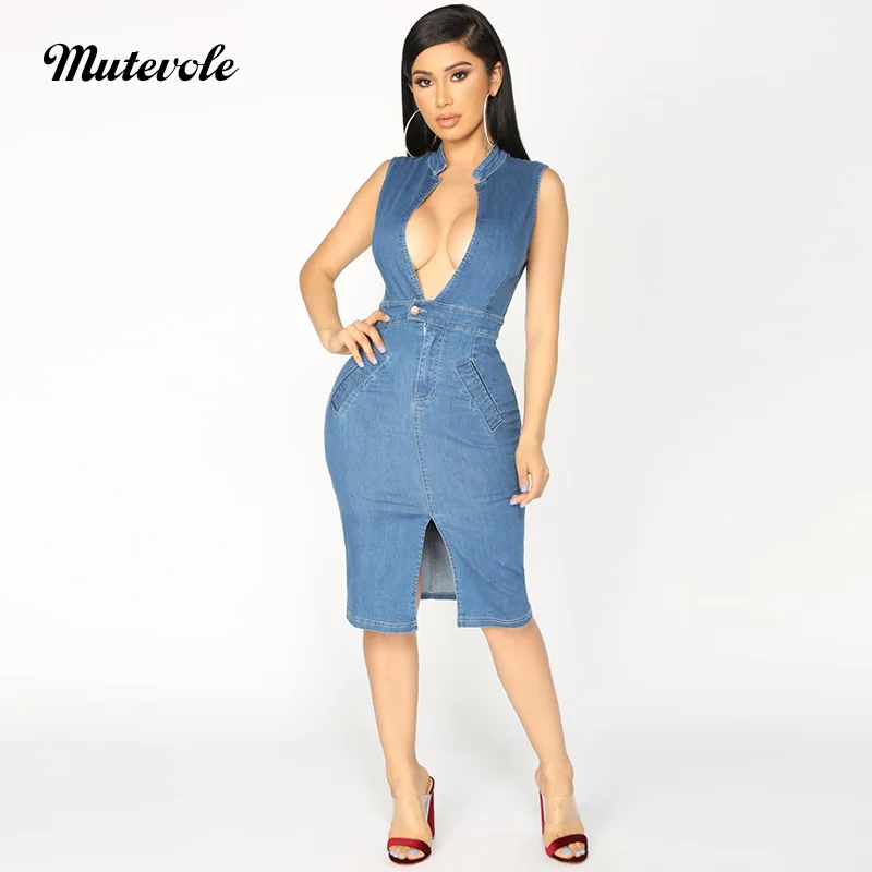 Mutevole Women Sleeveless Denim Midi Dress Ladies Deep V Neck Sexy Summer Jean Dresses Denim Split Elastic Slim Club Party Dress Mutevole Women Sleeveless Denim Midi Dress Ladies Deep V Neck Sexy Summer Jean Dresses Denim Split Elastic Slim Club Party Dress