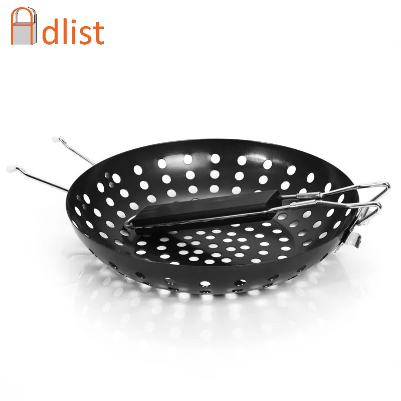Non Stick BBQ Grilling Skillet Folding Handle Round Pizza Grill Pan BBQ