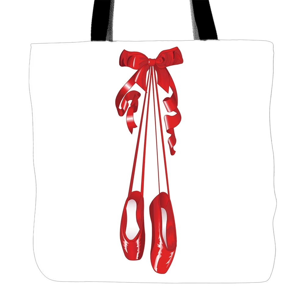 Red Ballet Shoes Printed Tote Bag For Shopping Food Convenience Women Shoulder White Canvas Hand